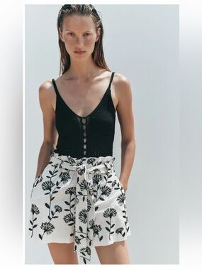 Zara Embroidered Paper Bag Bermuda Shorts